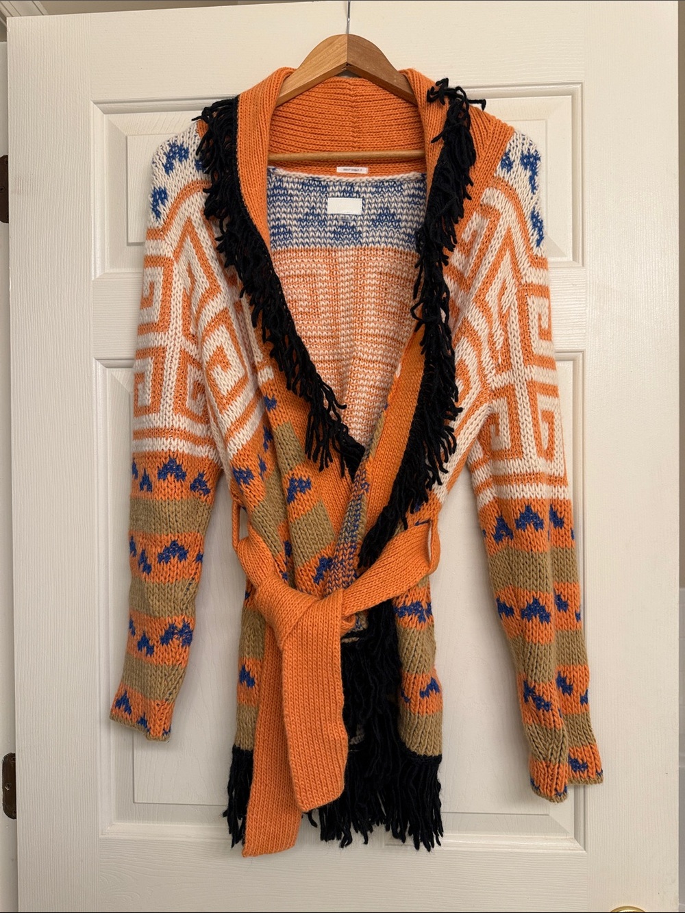 LIKE NEW MOTHER Orange Patterned Fringe Belted Women's Sweater
